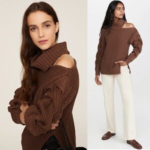 ASTR Cotton Chunky Braided Cable Rib Knit Cutout Shoulder Turtleneck Sweater L